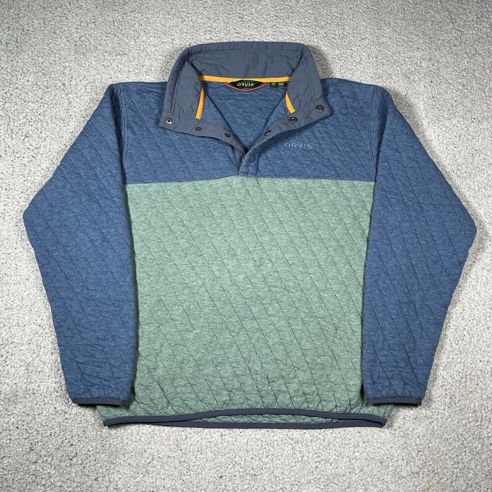 Orvis Sweatshirt Mens M Blue Green Quilted Pullover Snap Mock Outdoor Fishing
